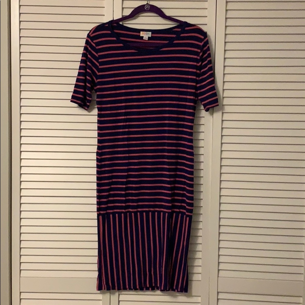 Pink and Blue Striped LuLaRoe Julia Dress, size L